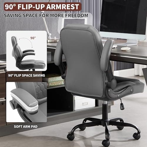Executive Office Chair PU,Leather Office Chair with Wheels,360° Swivel Rolling Chair with Padded Arms,Ergonomic Computer Chair with Lumbar Support for Short People Use (Grey)