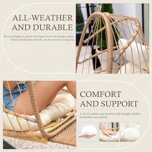 Yechen Hanging Egg Chair with Stand and Footrest for Indoor Outdoor, Foldable Wicker Rattan Patio Egg Swing Chairs Hammock Egg Chair with UV Resistant Cushion for Bedroom Porch, 350 Lbs Capacity