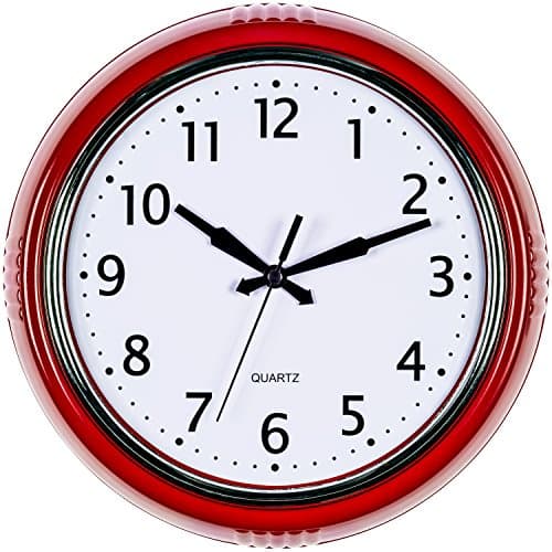 Bernhard Products Retro Wall Clock 9.5 Inch Red Kitchen 50's Vintage Design Round Silent Non Ticking Battery Operated Quality Quartz Clock