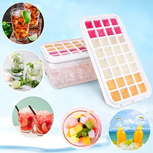 Ice Trays for Freezer with Lid & Bin, Ice Cube Tray Making 64 pcs Ice Cubes, Easy Press to Release Ice, Ice Tray with Storage Bin Chilling Cocktail Whiskey Coffee 2 Trays 1 Ice Bucket & Scoop (Black)