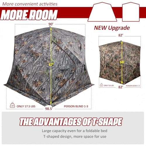 Wide Bottom Hunting Blind 1-3 Person with Portable Chair, 270 Degree See Through Pop up Ground Blinds for Deer Turkey Duck Hunting, Bow Hunting Adjust Windows with Silent Zipper