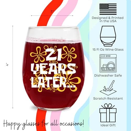 Funny 21st Birthday Gifts for Her – “21 Years Later” Design – 15oz Stemless Wine Glass – Cute and Nostalgic Gift for Women Turning 21, Birthday Celebration Decoration or Wine Lover Present