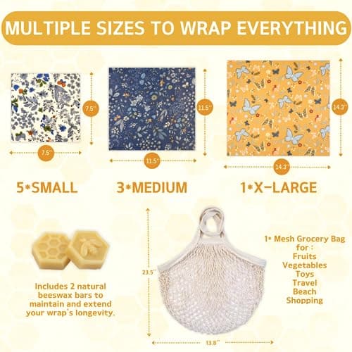 Reusable Beeswax Wrap - 9 Pack Beeswax Wraps for Food, Eco-Friendly Beeswax Food Wraps, with Mesh Grocery Bag & 2 Beeswax Bars, Reusable Food Storage Wrap Set, Sustainable Gifts