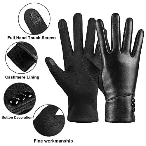 Kebesu Winter Fashion Leather Gloves for Women, Touch Screen Wool Lined Outdoor Windproof Warm Suede Driving Dress Gloves