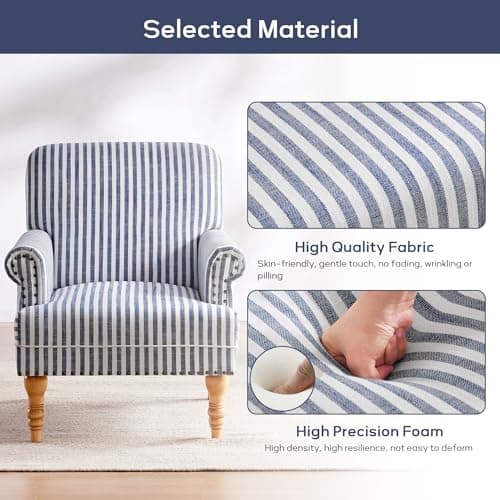 HUIMO Linen Fabric Accent Chair, Mid-Century Modern Armchair with Solid Wood Legs, Single Sofa Chair,Upholstered Reading Club Chair (1, Dark Blue and White Stripe)