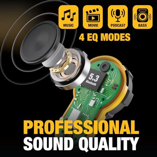 DEWALT Heavy Duty Bluetooth Jobsite Pro X2 ANC True Wireless Earbuds, Active Noise Cancelling Work Earbuds, Turn Dial Controls, 10Hr Runtime (40+ w/Case), 4 EQ Modes, IP54