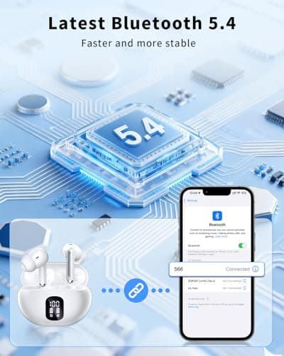 Wireless Earbuds, Bluetooth 5.4 Headphones with 50H Playback, Deep Bass Stereo Ear Buds Clear Calls with LED Power Display, IPX7 Waterproof, in-Ear Earphones with Mic for Phone/Android/iPad, White