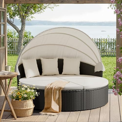 Devoko Patio Furniture Outdoor Round Daybed with Retractable Canopy Wicker Rattan Separated Seating Sectional Sofa for Patio Lawn Garden Backyard Porch