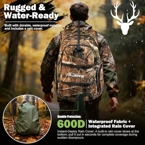 PLUSINNO Hunting Backpack for Hunting Essentials, 45L Waterproof Hunting Gear with Rain Cover, & Padded Scabbard Carry System For Deer Hunt Accessories, Hunt Gift For Men