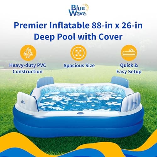 Blue Wave Premier Family Inflatable Pool with Seats – 88-in x 88-in x 26-in Four-Seater Pool for Backyard Fun – Durable 4-Person Inflatable Pool with Cover, Drain Plug & Repair Patch