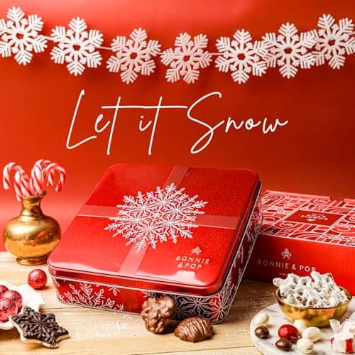 Bonnie and Pop's Holiday Tin- with Assorted Christmas Chocolate, Nuts, Bark, Truffles – Festive, Corporate, Family, Gift Basket Idea for Men and Women