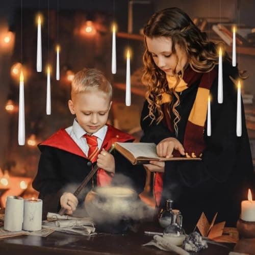 kakoya Flameless Floating Candles with Wand，20 Pcs Magic LED Hanging Taper Candles，Flickering Battery Operated Taper Candle with Wand Remote for Halloween Decorations Best Gift（White） B0C452J5HT