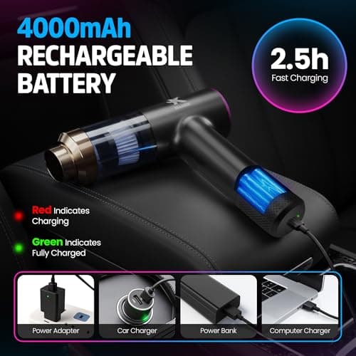 Handheld Car Vacuum Cleaner, Dual Suction 7.5K & 12k Pa, Portable Mini | Blower, Inflator, Deflator and Dustbuster for Car, Home, Kitchen & Office | Black Color