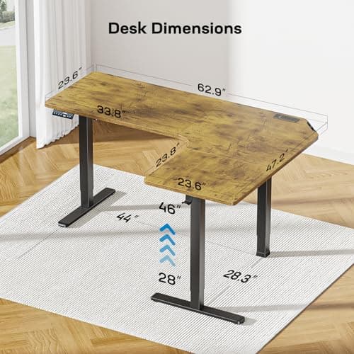 HUANUO 63″ L-Shaped Standing Desk, Built-in Power Outlets, Electric Height Adjustable Corner Computer Desk, Large Power Strip Holder, Sit Stand Up Desk with 3 Preset Heights, Vintage Brown