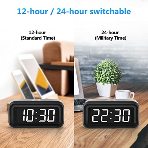 Timegyro Digital Alarm Clock Battery Operated with LED Display for Bedrooms, Long Battery Life for 12 Months, 3 Brightness Adjustable, 12/24 Hour, Snooze, Black Case with White Digits