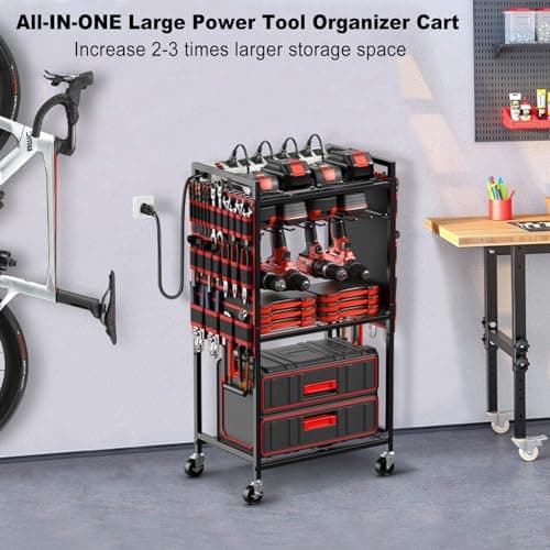 Floor Standing, Large Garage Rolling Storage Cart on Wheels, Heavy Duty Drill Battery Storage Rack, with 8 Outlet Power Strip JUNNUJ Power Tool Organizer Cart with Charging Station, 6 FT Cord, Red B0D1QVKWGH