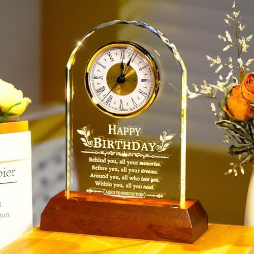 with Wooden LED Light Base, Happy Birthday Keepsake, for Woman Man Her Him Mom Dad Friend, Home Decor Ornalrist Happy Birthday Gifts for Men Women Glass Quartz Clock Keepsake B0GR57JH79