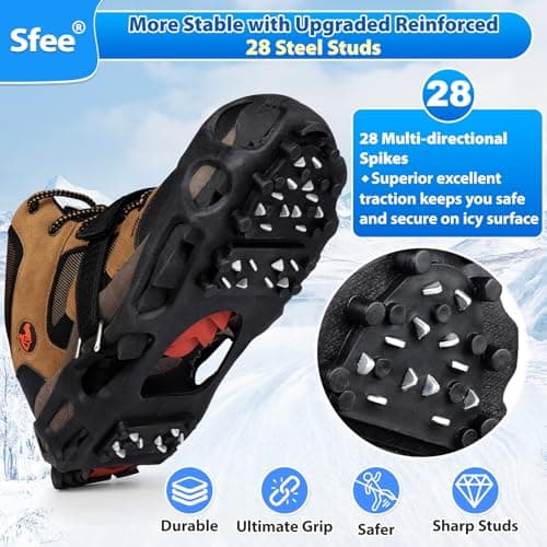 Sfee Crampons Ice Cleats for Shoes and Boots, 28 Steel Shoe Spikes Ultra-Grip Ice Cleats for Men Women Non-Slip Snow Traction Ice Grippers for Shoes and Boots for Walking, Hiking, Climbing, Fishing