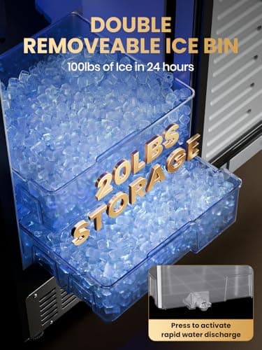 Coolski Commercial Nugget Ice Maker Machine, 100Lbs Daily Production, Under Counter Sonic Ice Machine with 20Lbs Dual Storage Bin, Pebble Pellet Ice Maker for Home, Office, Cafe, Gravity Drain