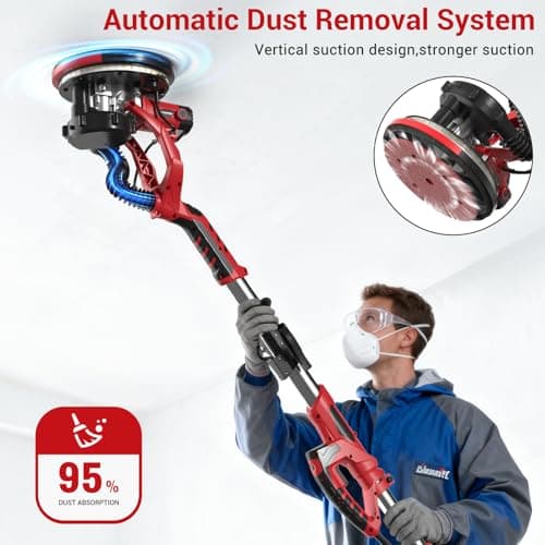 Drywall Sander, Popcorn Ceiling Removal Tool, 1000W Drywall Sander with Vacuum Dust Collector, 6 Variable Speed 500-2000rpm, 18pcs Sanding Discs, Led Light, Foldable & Extendable Handle