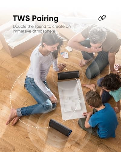 Bluetooth Speaker with HD Sound, Portable Wireless, IPX5 Waterproof, Up to 20H Playtime, TWS Pairing, BT5.3, for Home/Party/Outdoor/Beach, Stocking Stuffers, White Elephant Gifts for Adults (Black)