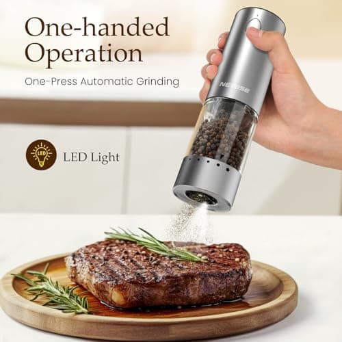 Salt and Pepper Shakers with Adjustable Coarseness, LED Lights, Large Capacity, Kitchen Appliances Gifts for Women Newise Electric Salt and Pepper Grinder Set, Rechargeable, Stainless Steel B0CZCNDWYB