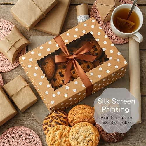 Brown Kraft Cookie Boxes with Ribbons & Window (20 Pack) 8.3 x 6 x 2.8” Food Grade Cardboard Bakery Gift Boxes for Christmas Gift Giving, Baked Goods, Candy Treats, Decorative Holiday Packaging, Empty