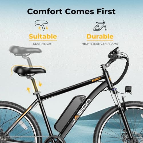 Jasion EB5 Electric Bike for Adults with Peak 1000W Brushless Motor, 40Miles 20MPH Commuting Electric Mountain Bike with 360Wh Removable Battery, 7-Speed, 26" Tires and Front Fork Suspension