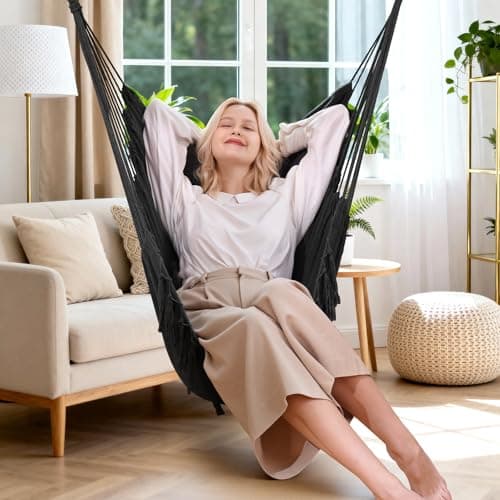 Y- STOP Hammock Chair Hanging Rope Swing, Max 500 Lbs, 2 Cushions Included, Large Macrame Hanging Chair with Pocket, Cotton Weave for Superior Comfort, Durability (Dark Grey)