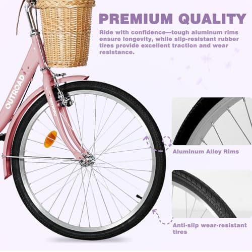 Beach Cruiser Bike for Adult, 24 & 26 Inch Comfort Bikes with Rattan Front Basket, Womens Bicycle with Adjustable Seat and Dual V-Brake (Pink & White & Green & Purple & Black)