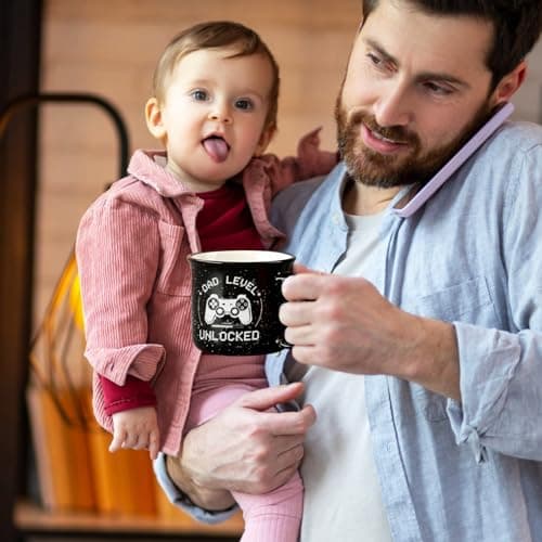 Cabtnca New Dad Gifts First Time, Dad Level Unlocked Mug, Birthday Christmas Father's Day Gifts for New Daddy, 15 Oz