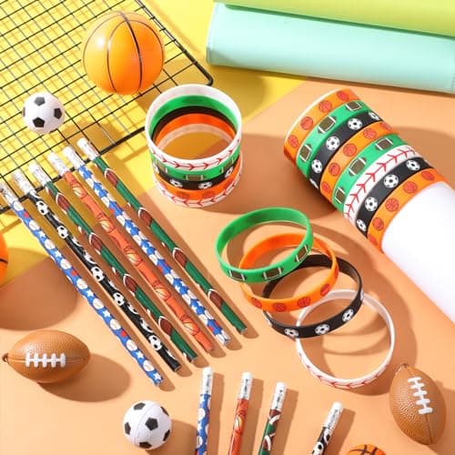 Sabary 48 Pcs Sports Pencils Silicone Bracelets Set Soccer Football Basketball Baseball Wooden Pencil Rubber Wristbands for Birthday Gifts Sports Party Favors(Multi Balls)