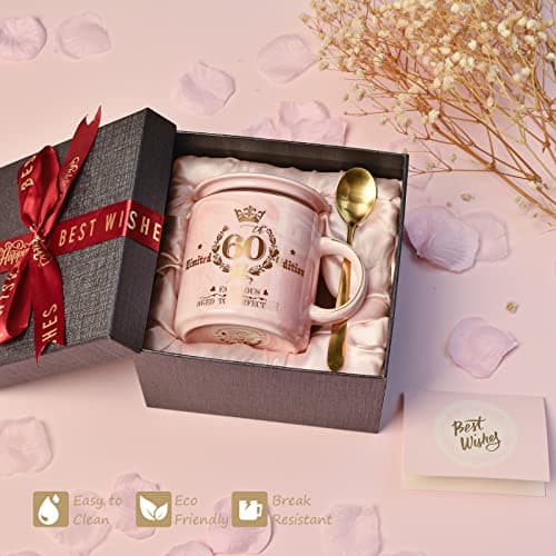 60th Birthday Gifts for Women - Fabulous 1965 Aged to Perfection Happy Birthday Mug - Limited Edition 60th Pink Coffee Mug Printed with Gold, Gift Idea for Turning 60 Years Old Women, Gift Boxed