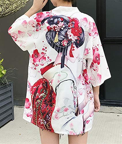 LAI MENG FIVE CATS Women's Floral Print Puff Sleeve Loose Blouse Japanese Kimono Cover up Casual Cute Tops