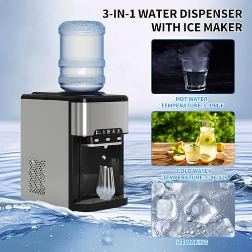 TABU 3-in-1 Countertop Water Dispenser&Ice Maker with 3 Temp Settings, 44LBS/24H, 4LBS Storage, Top-Loading, for 3-5 Gallon Bottles