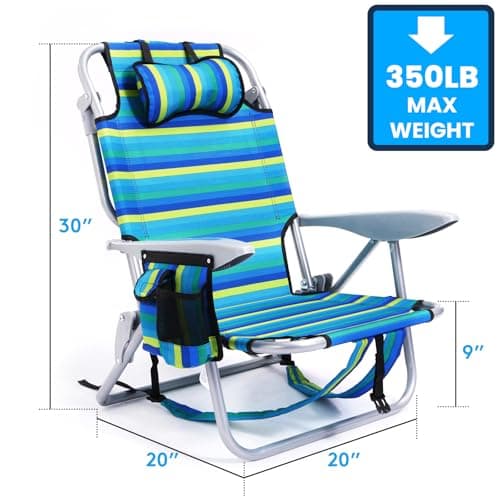 2 Pack Lightweight Portable Camping Beach Chair for Adults, Outdoor Lay Flat Folding Beach Chairs with 5 Positions, Backpack Beach Chair with Towel Bar, Zipper Pouch, Cup Holder, Ocean Striped