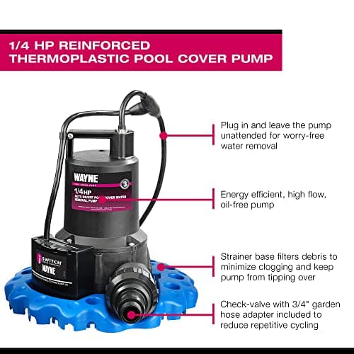 WAYNE WAPC250-1/4 HP Reinforced Thermoplastic Pool Cover Pump - Up to 3,000 Gallons Per Hour - Automatic On/Off Water Removal Pool Cover Pump
