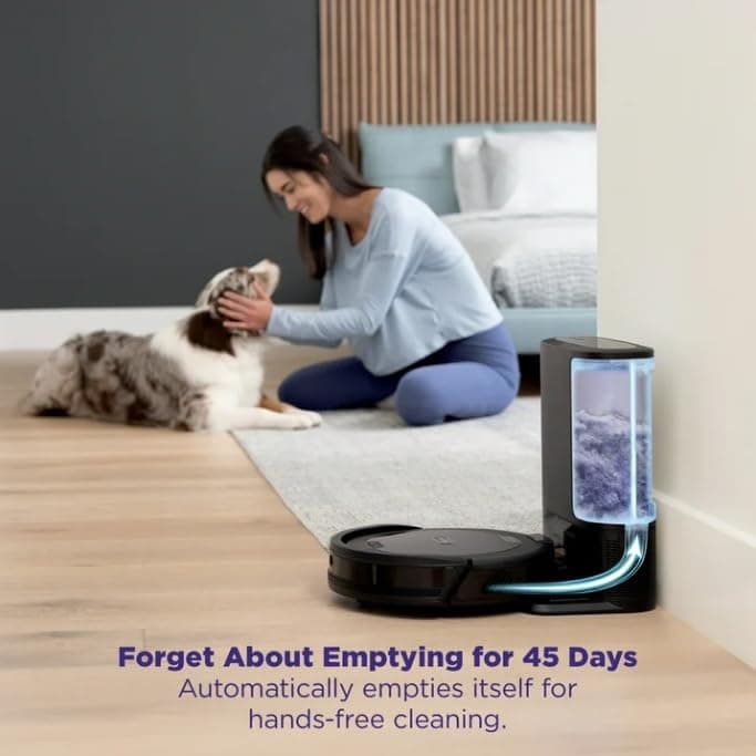 Shark Robot Vacuum with Self-Empty Base, Bagless Auto-Empty System with Up to 45-Day Capacity, Smart LiDAR Navigation, Object Avoidance, Strong Suction for Carpets and Hard Floors, Black