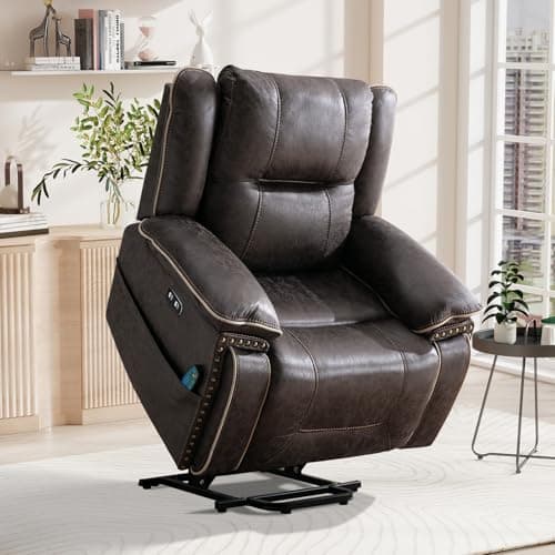 Bonzy Home Power Lift Recliner Chair for Elderly with Massage and Heating, Dual Motor Faux Leather Lift Chair with Spacious Seat, 2 Cup Holders, Adjustable Headrest (Grey Brown)