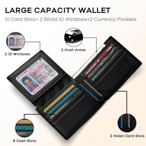 RUNBOX Genuine Leather Wallet for Men 12 Cards Mens Wallet Bifold Rfid Blocking with 2 ID Windows Card Holder Wallet with Gift Box