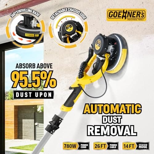 Drywall Sander, 6.5-amp Powerful Electric Drywall Sander with Vacuum, Anto Dust Removal, 7 Variable Speed, 900-1800RPM, Dustless Floor Sander with 26’ Power Cord for Popcorn Ceiling