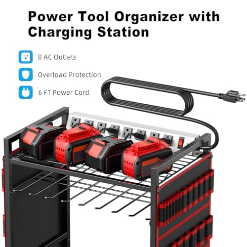 Floor Standing, Large Garage Rolling Storage Cart on Wheels, Heavy Duty Drill Battery Storage Rack, with 8 Outlet Power Strip JUNNUJ Power Tool Organizer Cart with Charging Station, 6 FT Cord, Red B0D1QVKWGH