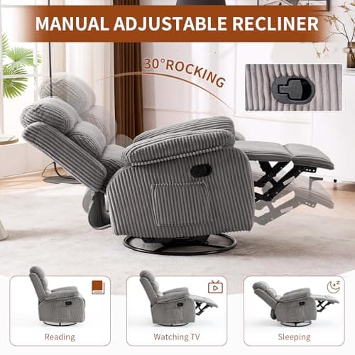 Plush Premium Velvet 360° Swivel Rocker Recliner Chair - High Back Glider with Generous Footrest, Supportive Armrests & Side Pocket for Nursery, Living Room & Small Spaces Grey