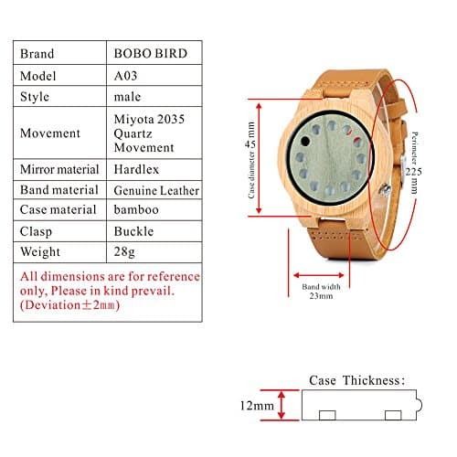 BOBO BIRD Men's Bamboo Wooden Watch with Black Cowhide Leather Strap 12 Holes Timer Design Sports Casual Watches