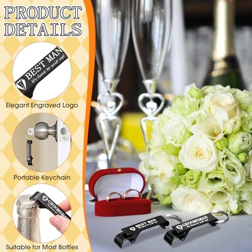 Aluminum Beer Wine Opener for Mens Bachelor Party, Groomsmen Proposal Gift Set Includes 9 Groomsman and 1 Best Man Jingmore 10 Pcs Groomsmen Bottle Opener Keychain Wedding Party Bulk, Black B0FQNWRHCS