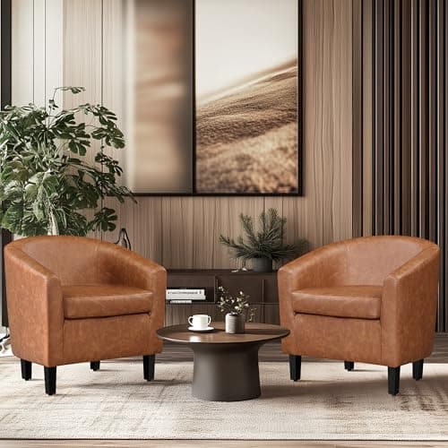 Yaheetech Brown Accent Chairs Set of 2, Faux Leather Barrel Chairs, Comfy Modern Leather Club Armchairs with Soft Seat for Living Room Bedroom Reading Waiting Room