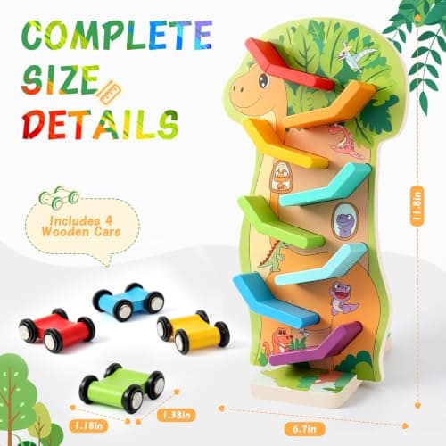 4 Mini Cars, 8 Level Race Track Car Truck, Car Toys for Toddlers 1-3, One 1st Birthday Gift Montessori Toys for 1 2 3 Year Old Boy, Dinosaur Wooden Car Ramp Race Track B0H7H5XWV5