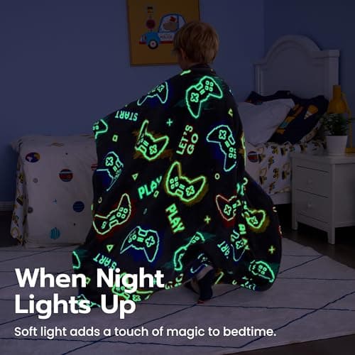 Joiedomi Glow in The Dark Gaming Blanket Gamer Gifts for Boys Age 2 3 4 5 6 7 8 9 10 11 12 Year Old, Soft Cozy Flannel Kids Throw Blanket, Birthday Bedroom Decor Grey 50"×60"
