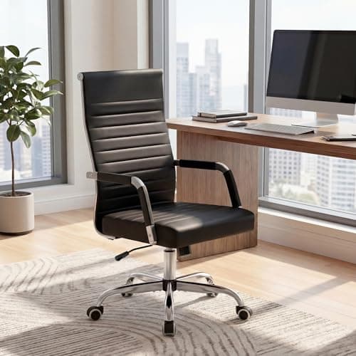 Furmax Ergonomic Office Desk Chair, Executive Ribbed Mid-Back PU Leather Conference Room Chair Adjustable Swivel Chair with Arms (1, Black)