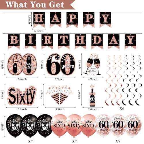 60th Birthday Decorations for Women, 33pcs Black Rose Gold Happy 60th Birthday Banner Crown and Sash Balloons Backdrop Hanging Swirls Paper Fans, 60 Years Old Party Supplies Kit